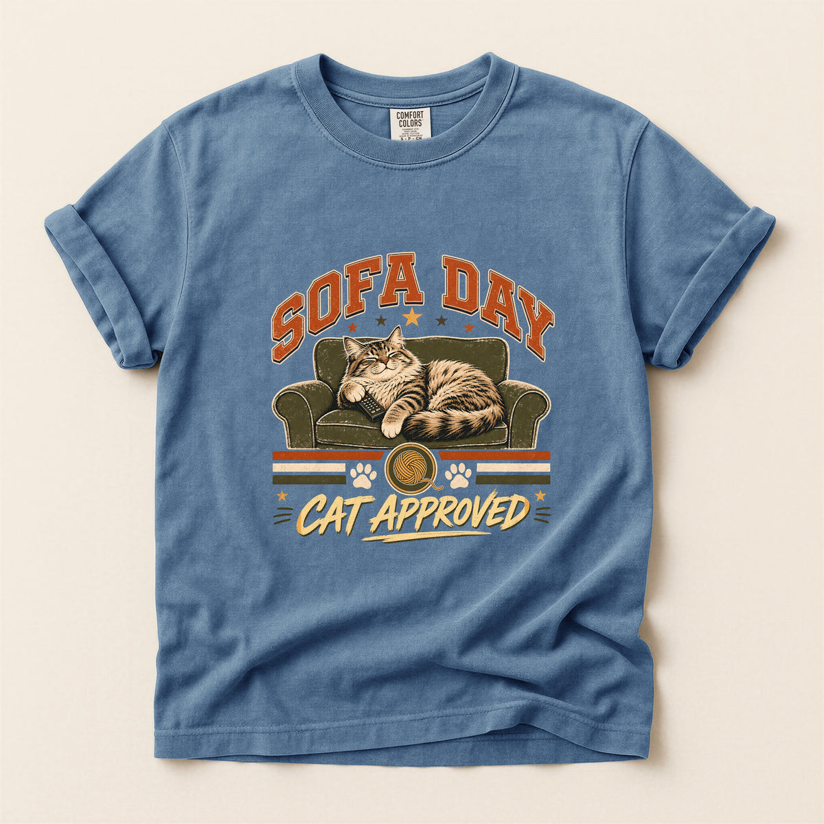 Sofa Day Cat Approved graphic tee in Blue Jean, flat lay