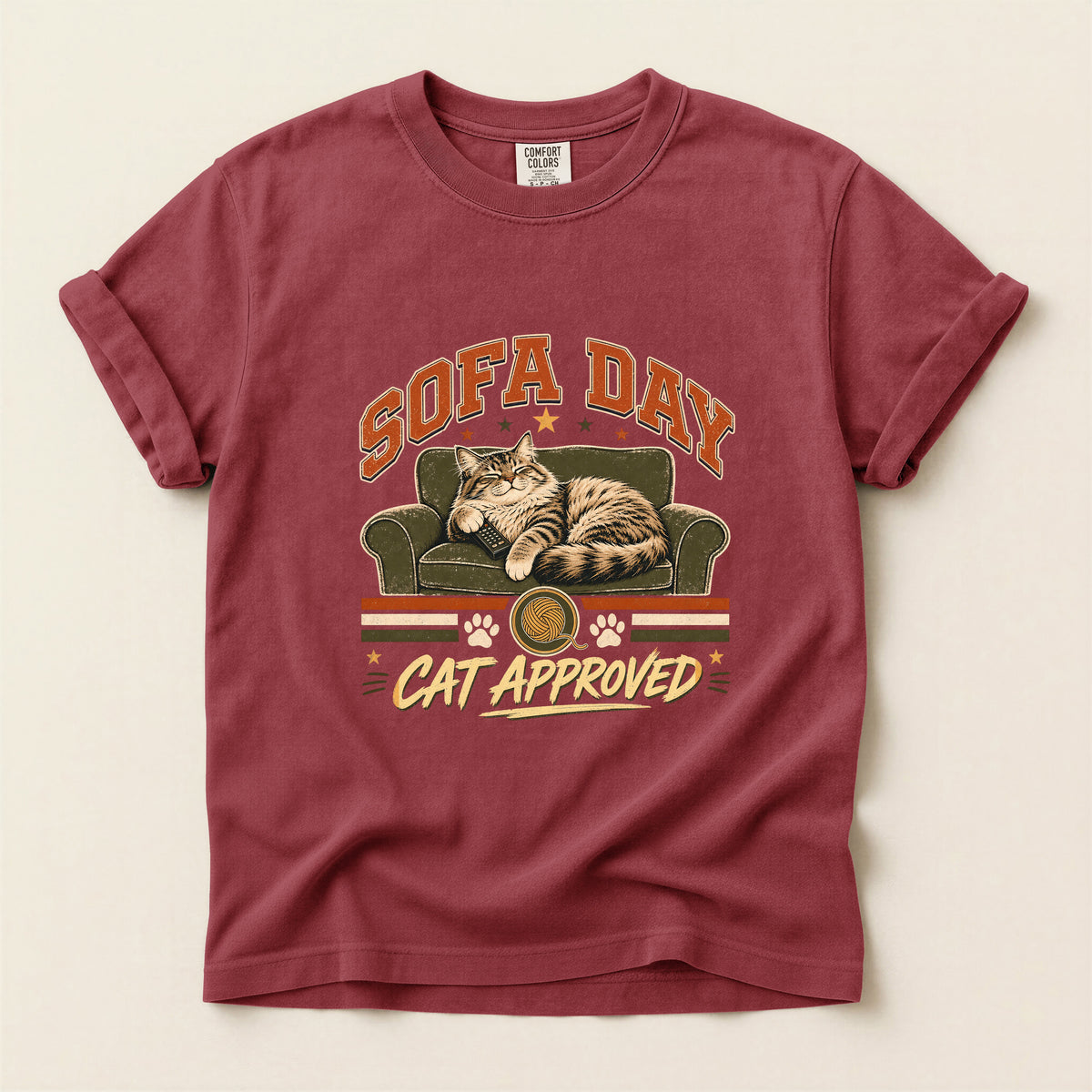 Sofa Day Cat Approved graphic tee in Brick, flat lay