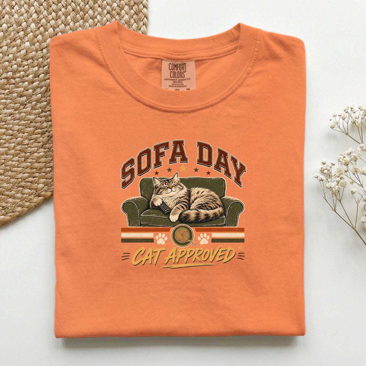 Sofa Day Cat Approved graphic tee in Burnt Orange, folded flat lay