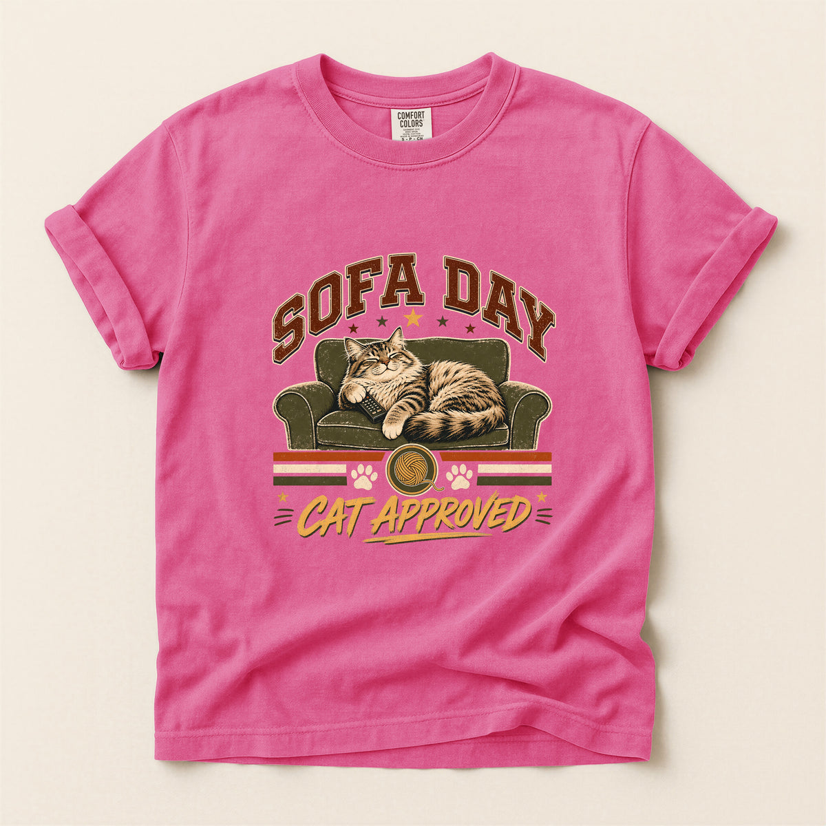Sofa Day Cat Approved graphic tee in Crunchberry, flat lay