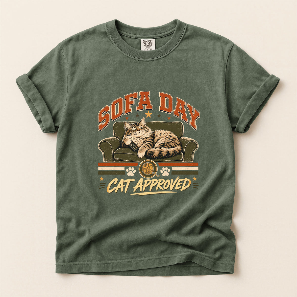 Sofa Day Cat Approved graphic tee in Moss, flat lay