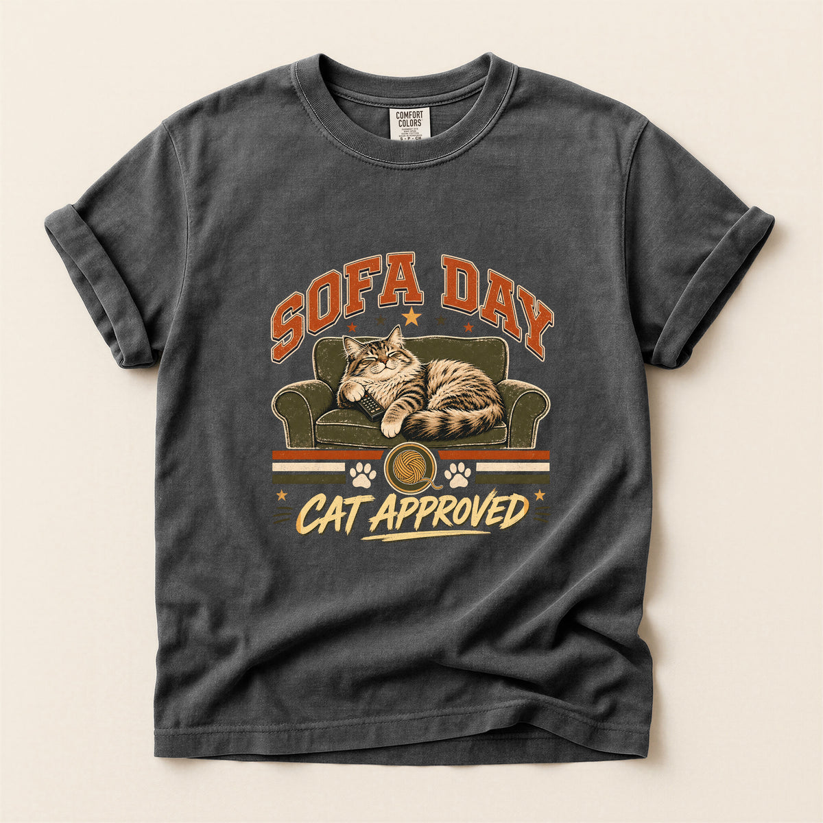 Sofa Day Cat Approved graphic tee in Pepper, flat lay