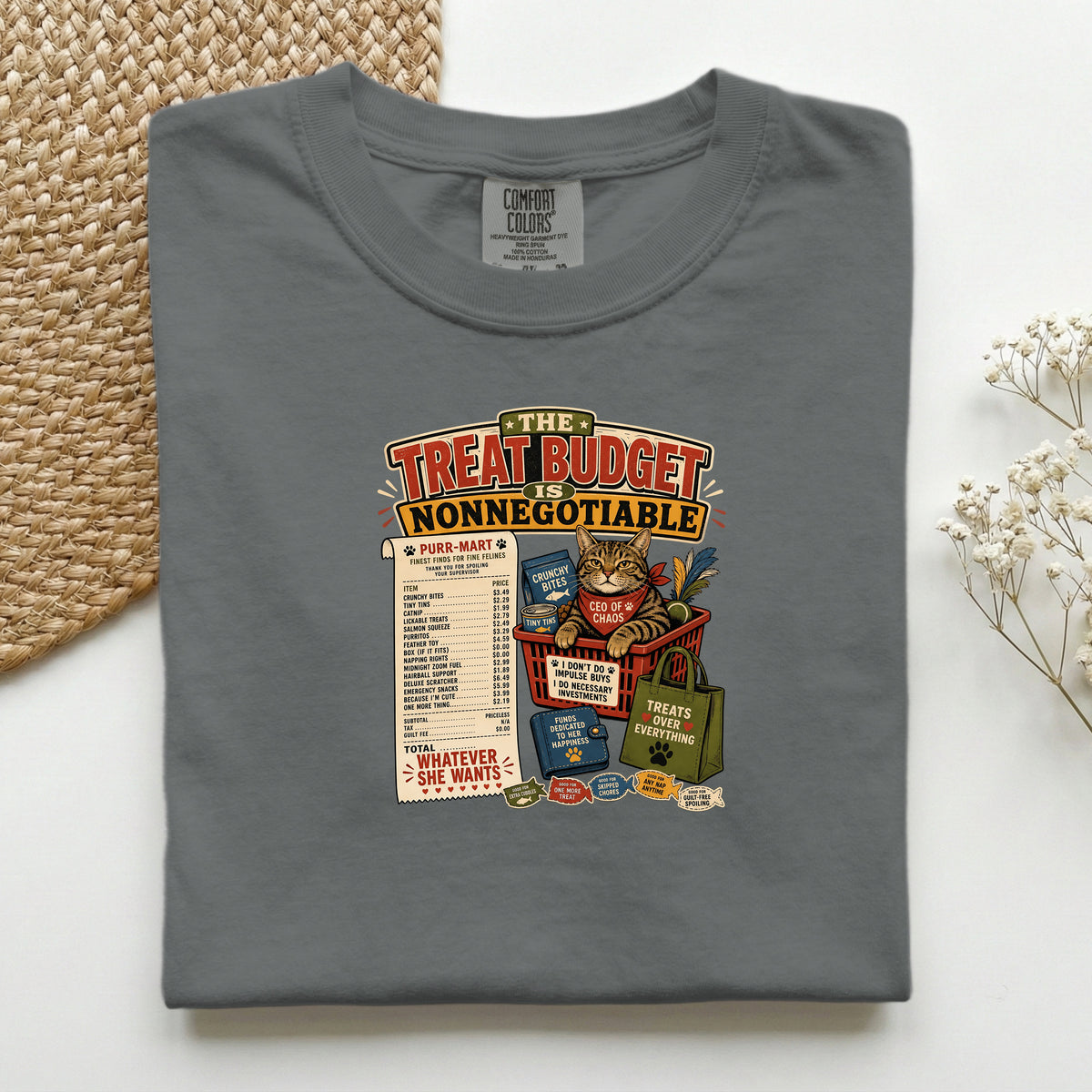 The Treat Budget Is Nonnegotiable graphic tee in Pepper, folded flat lay