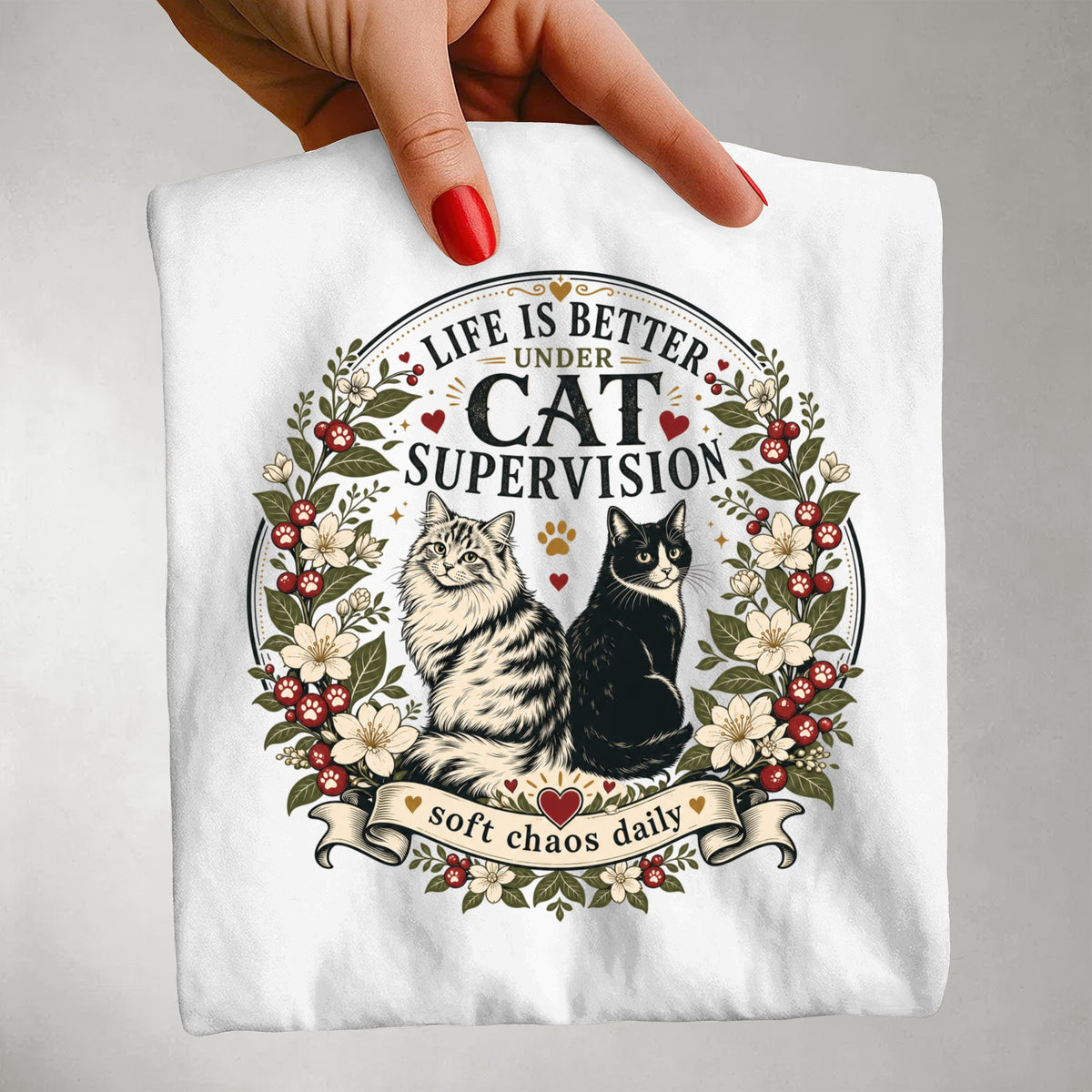 Life Is Better Under Cat Supervision graphic tee in White, folded flat lay