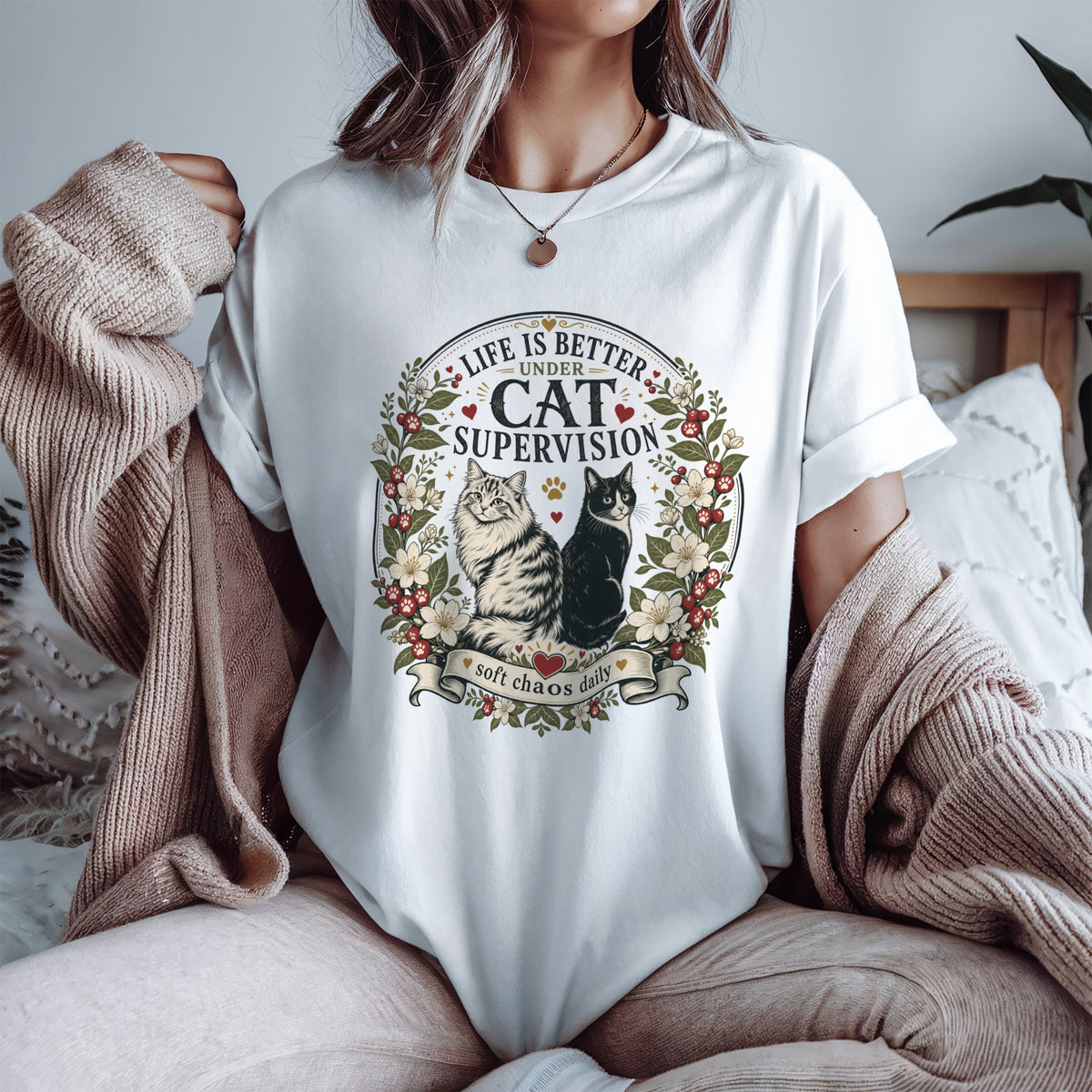 Life Is Better Under Cat Supervision graphic tee in White, worn by model lifestyle shot