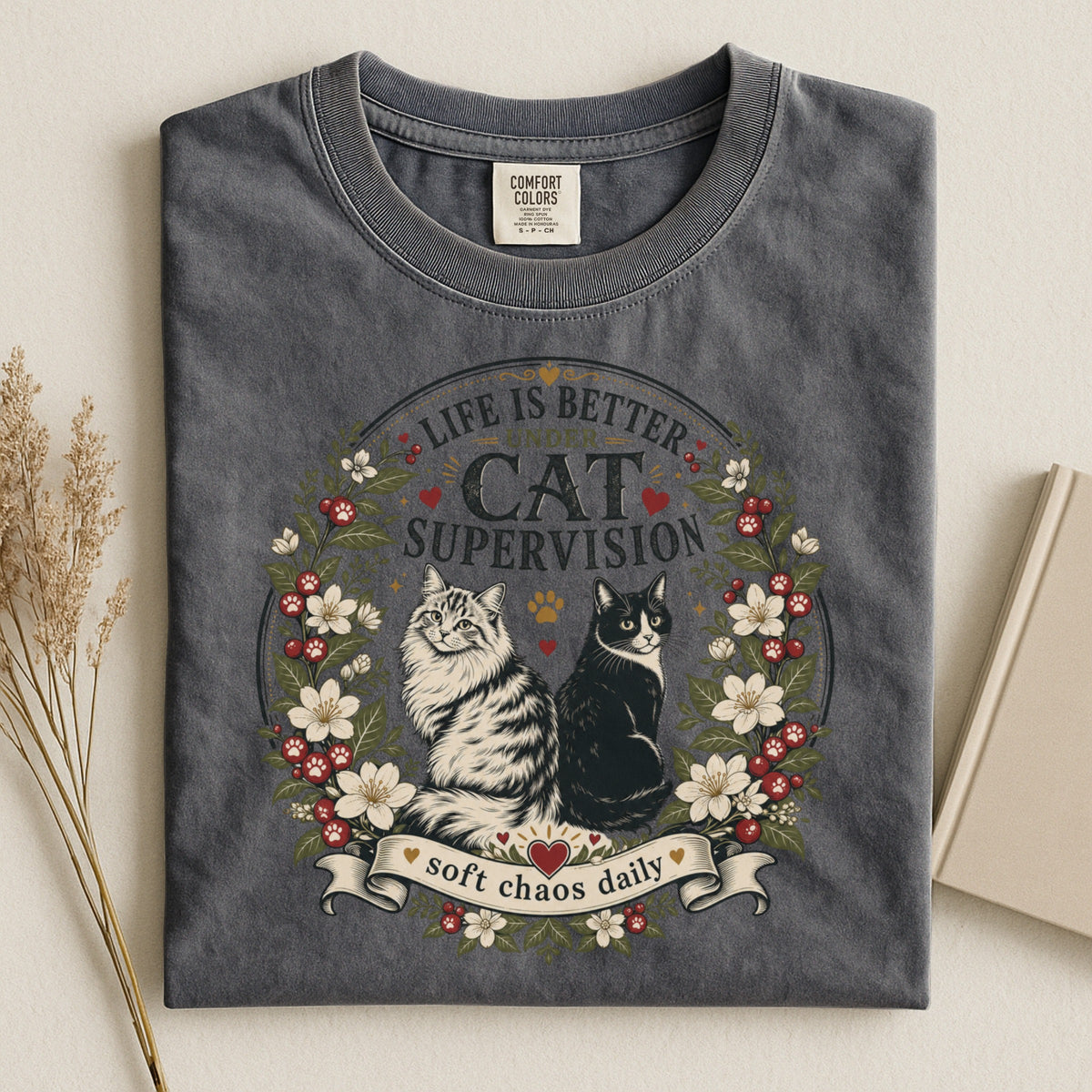 Life Is Better Under Cat Supervision graphic tee in Pepper, folded flat lay
