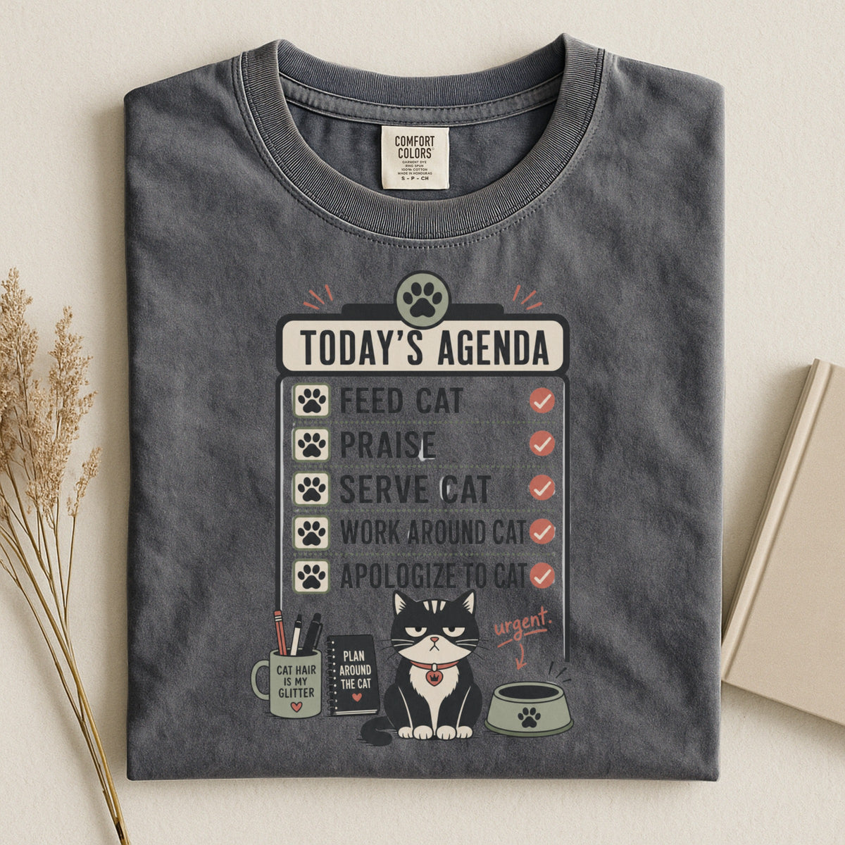 Today's Agenda Feed Cat graphic tee in Pepper, folded flat lay