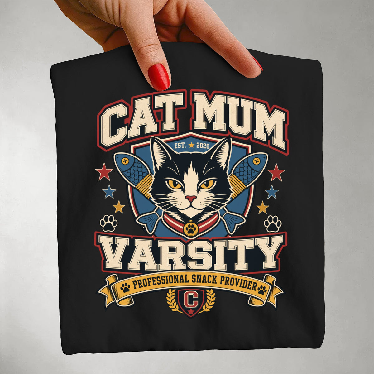Cat Mum Varsity graphic tee in Black, folded flat lay