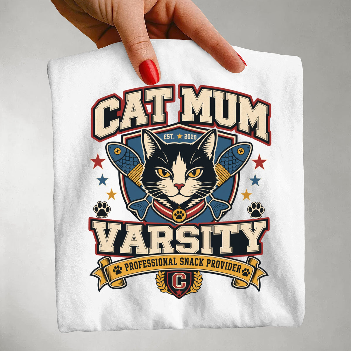 Cat Mum Varsity graphic tee in White, folded flat lay