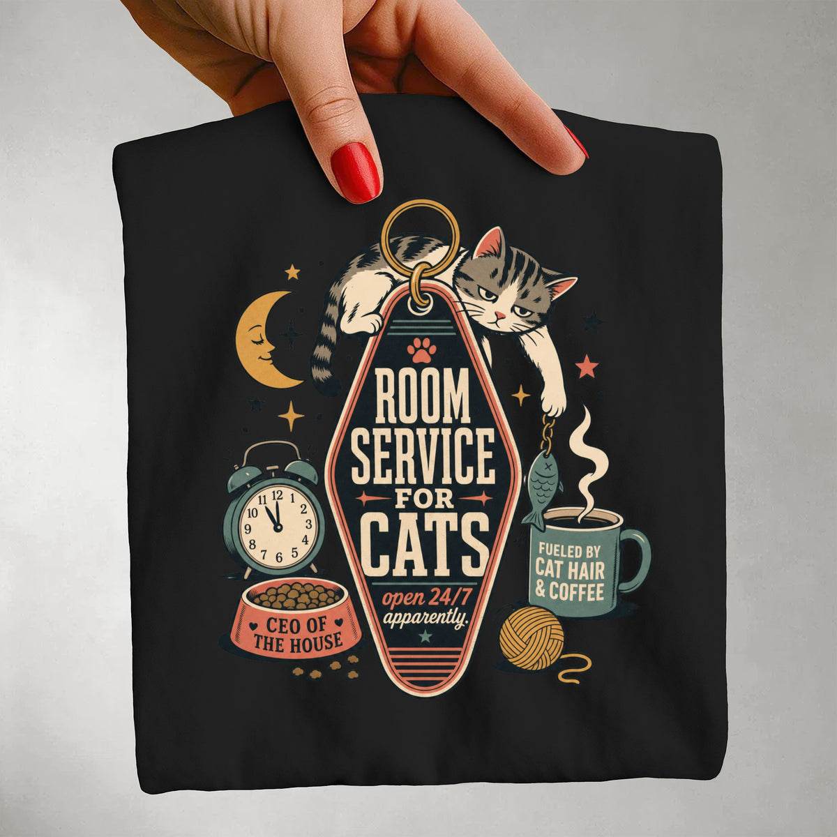 Room Service for Cats graphic tee in Black, folded flat lay
