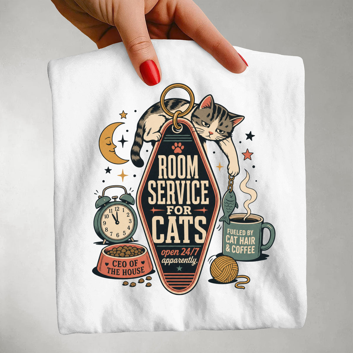 Room Service for Cats graphic tee in White, close-up of print detail held by hand