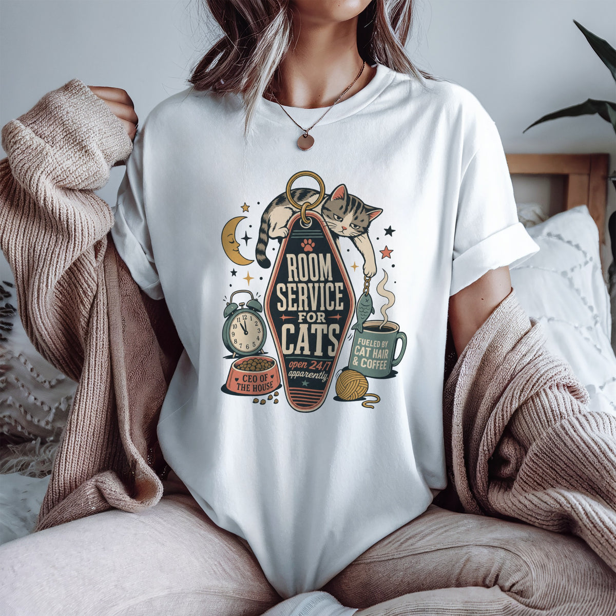Room Service for Cats graphic tee in White, folded flat lay
