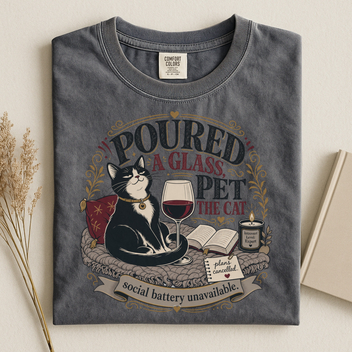 Poured a Glass Pet the Cat graphic tee in Pepper, folded flat lay
