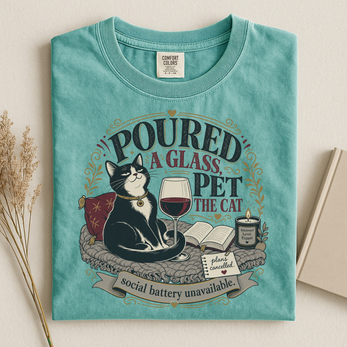 Poured a Glass Pet the Cat graphic tee in Seafoam, folded flat lay