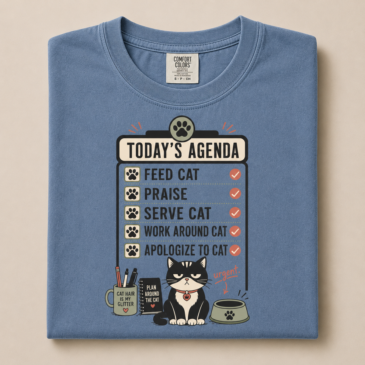 Today's Agenda Feed Cat graphic tee in Blue Jean, folded flat lay