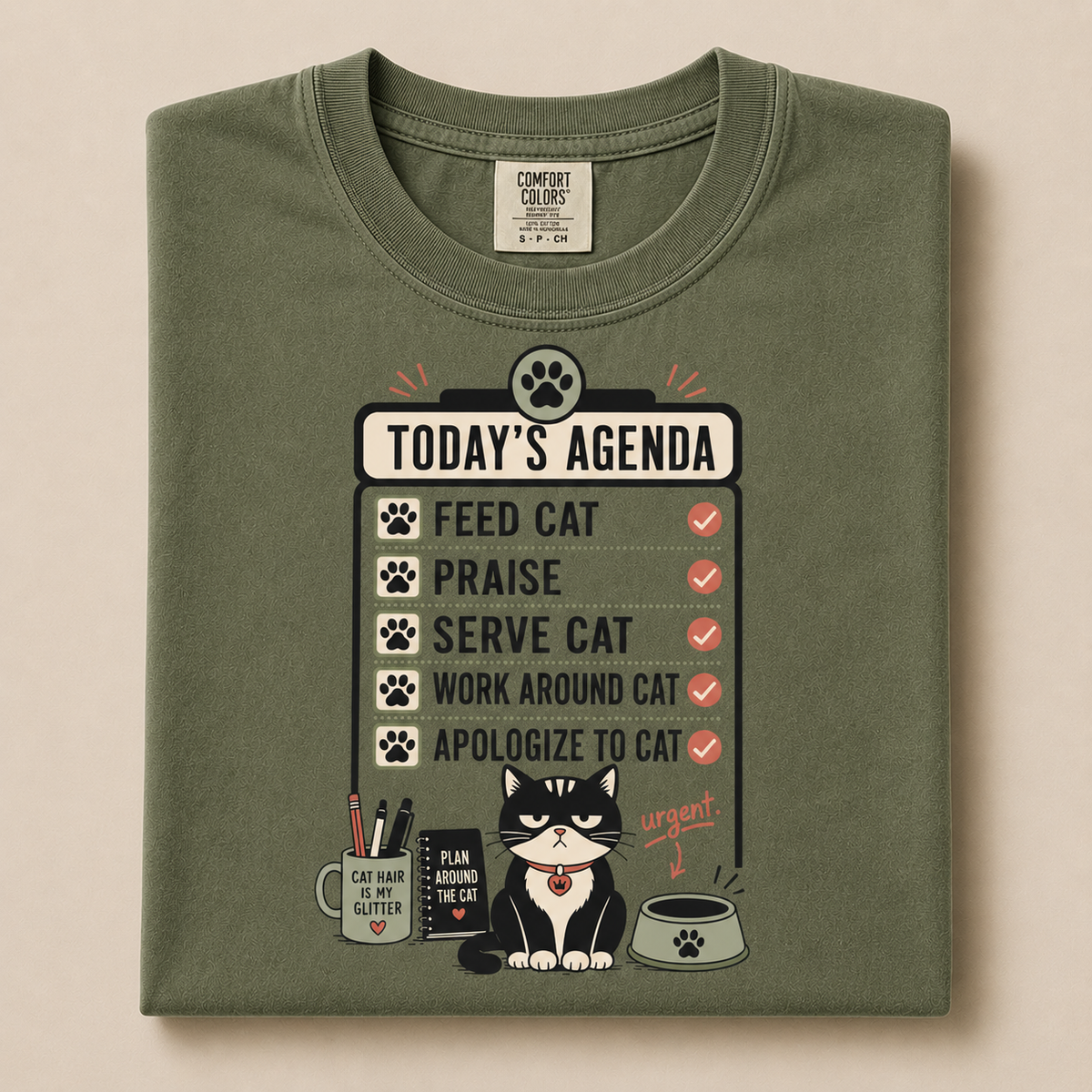 Today's Agenda Feed Cat graphic tee in Moss, folded flat lay