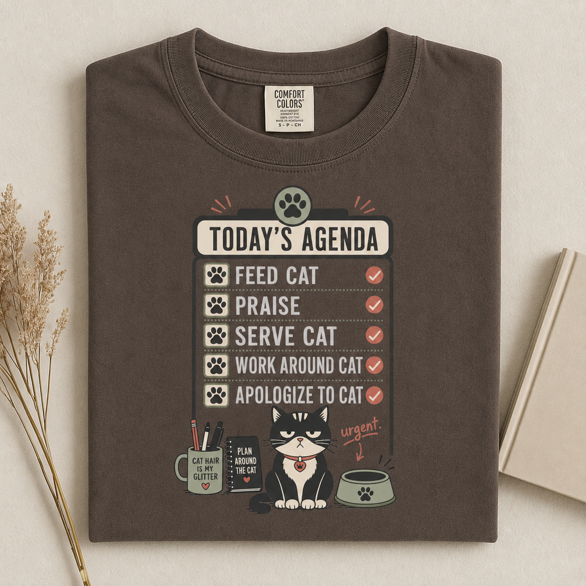 Today's Agenda Feed Cat graphic tee in Espresso, folded flat lay
