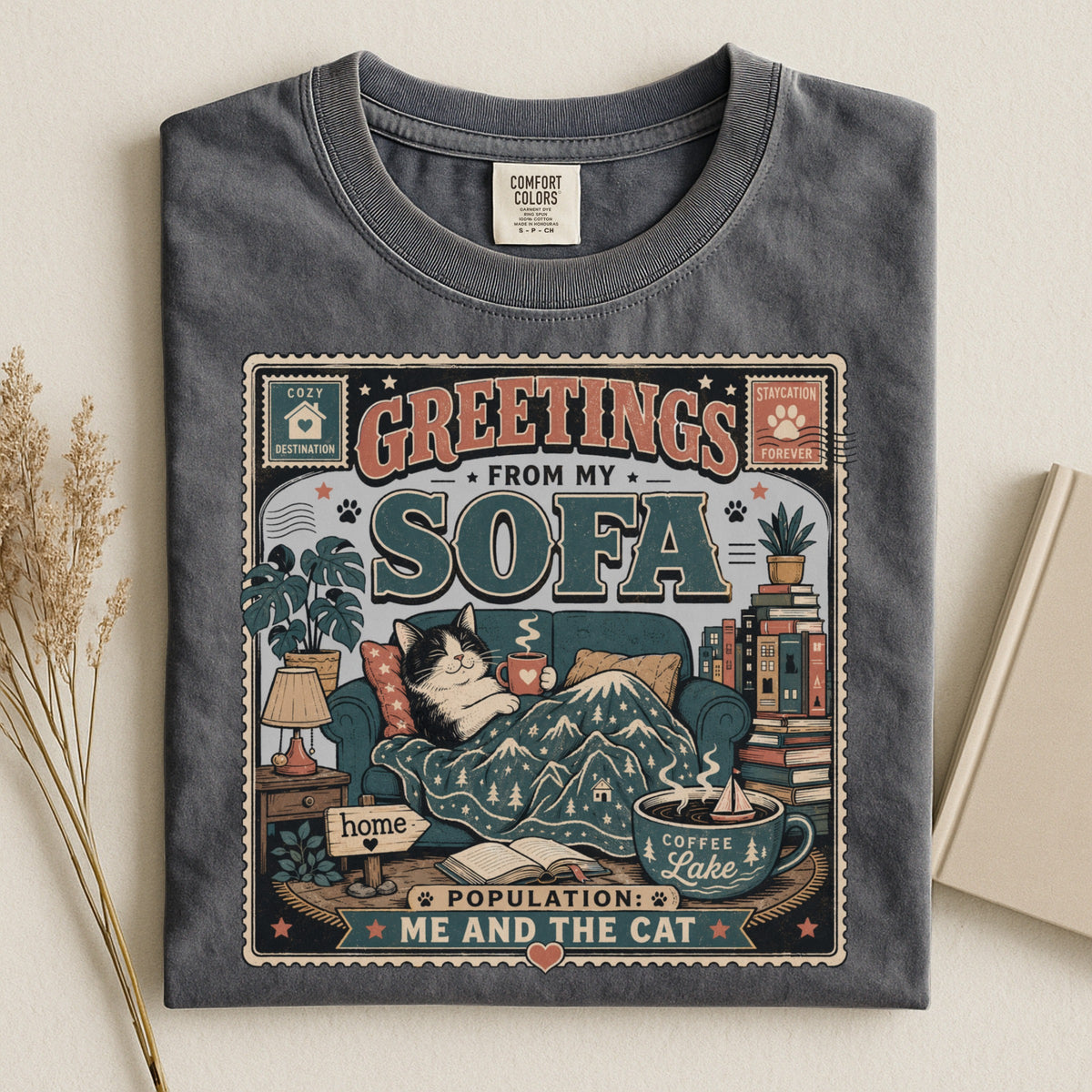 Greetings From My Sofa graphic tee in Pepper, folded flat lay