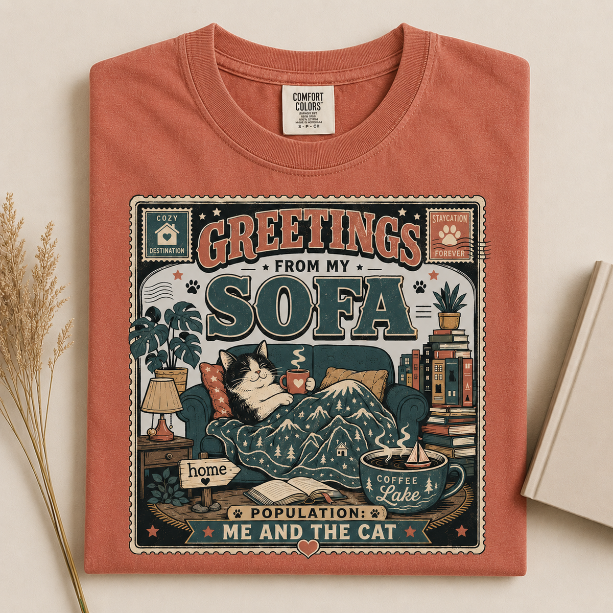 Greetings From My Sofa graphic tee in Terracotta, folded flat lay