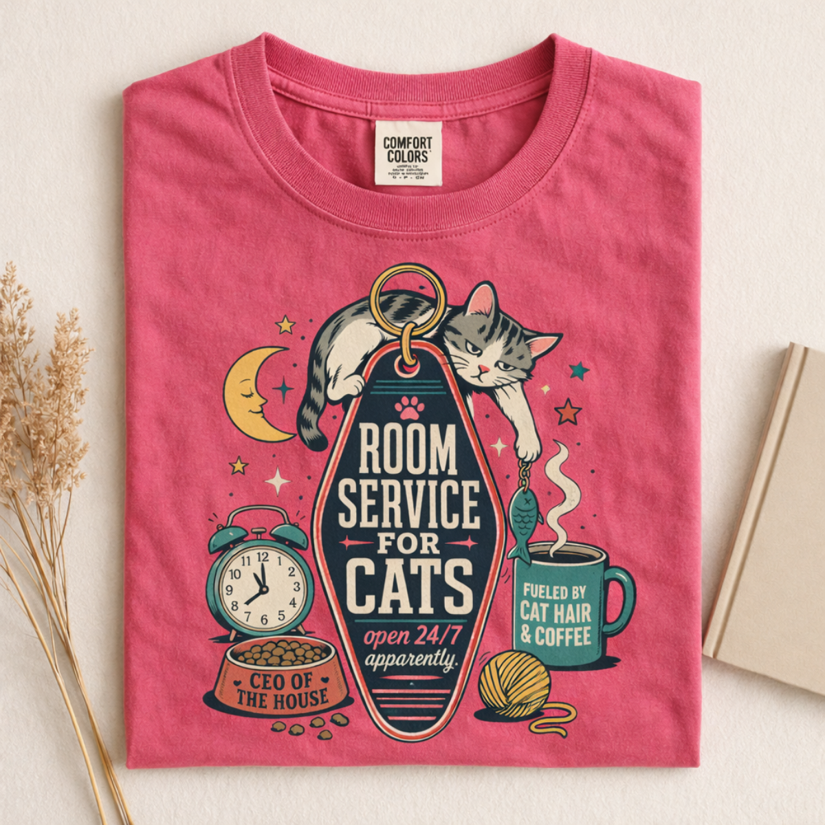 Room Service for Cats graphic tee in Crunchberry, folded flat lay