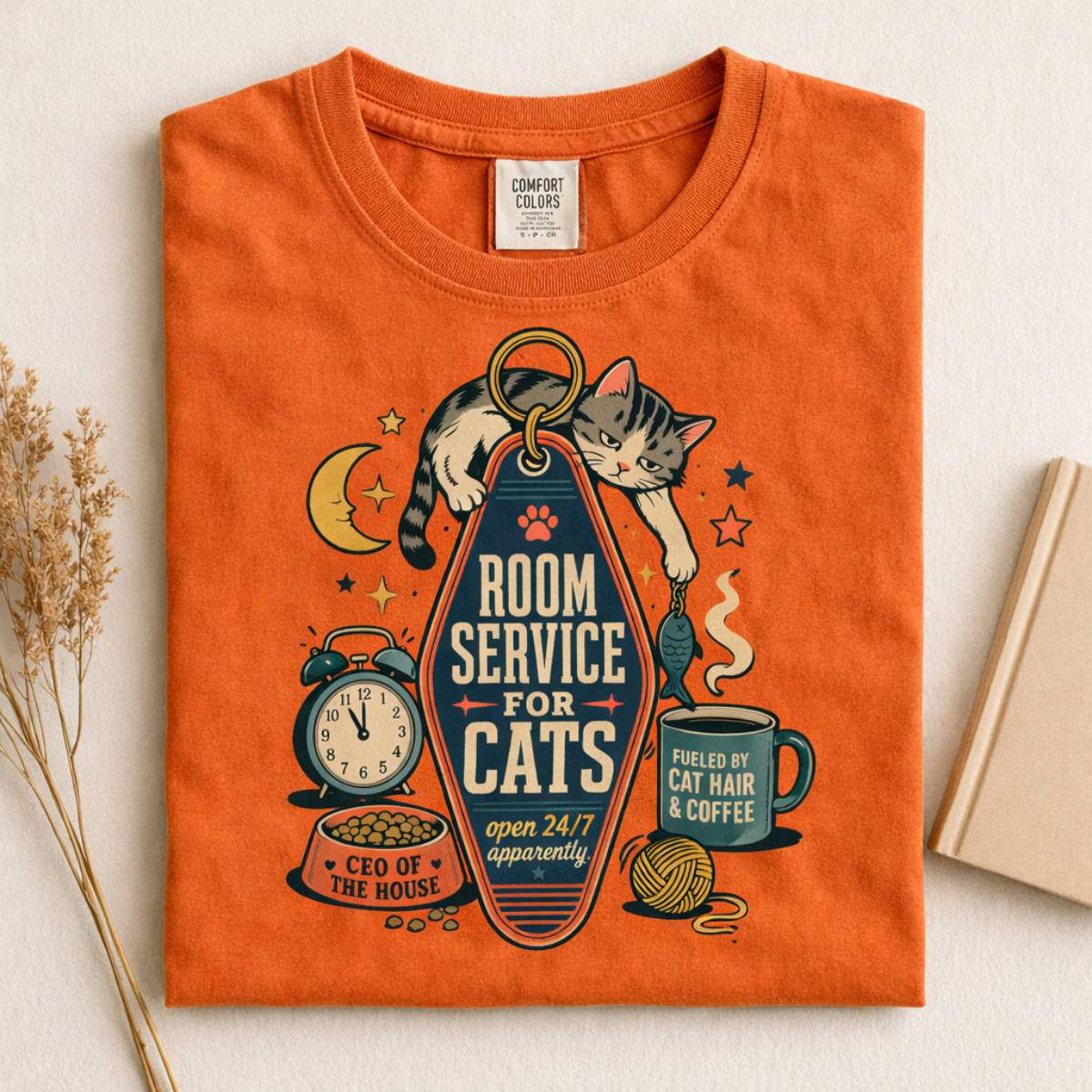 Room Service for Cats graphic tee in Burnt Orange, folded flat lay