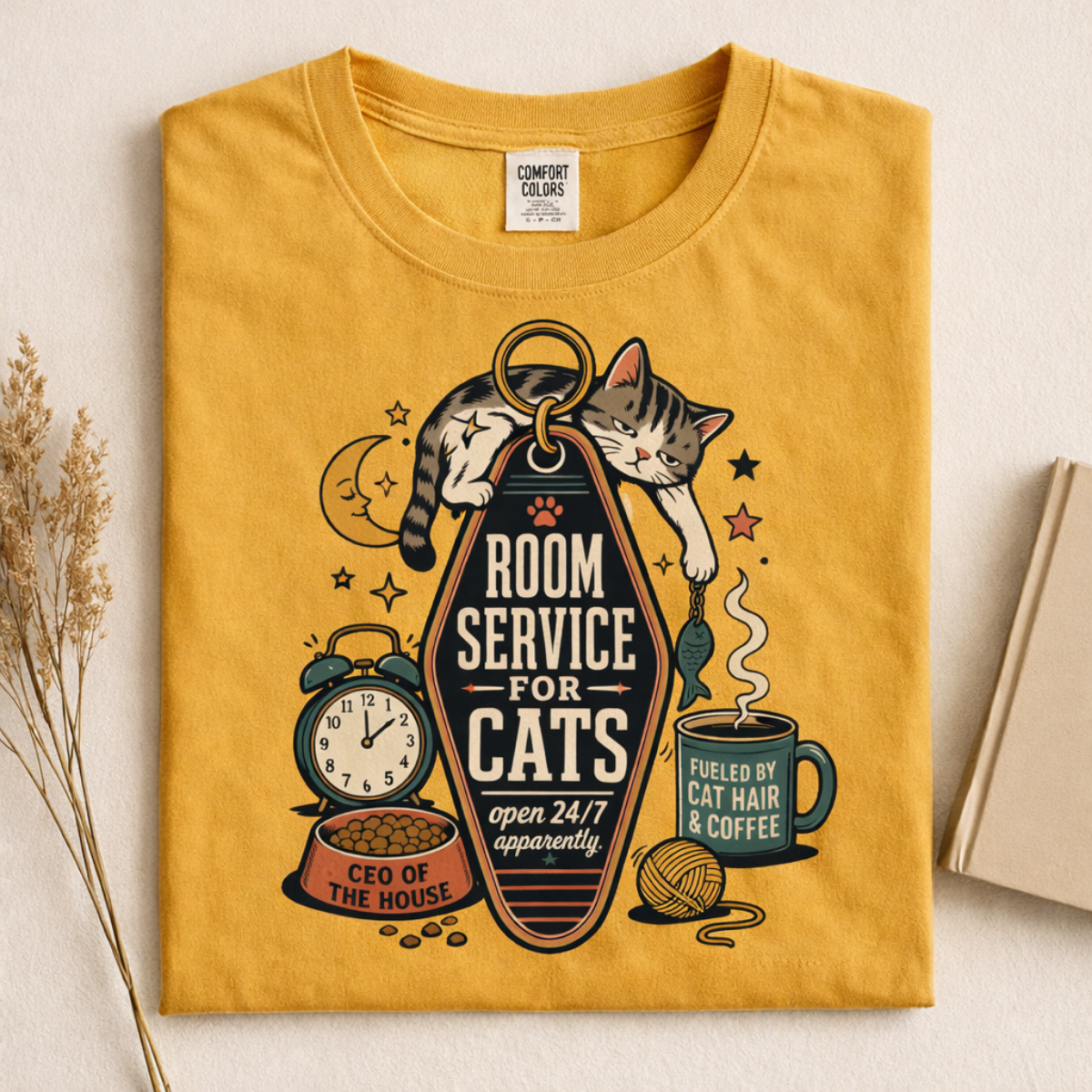 Room Service for Cats graphic tee in Mustard, folded flat lay