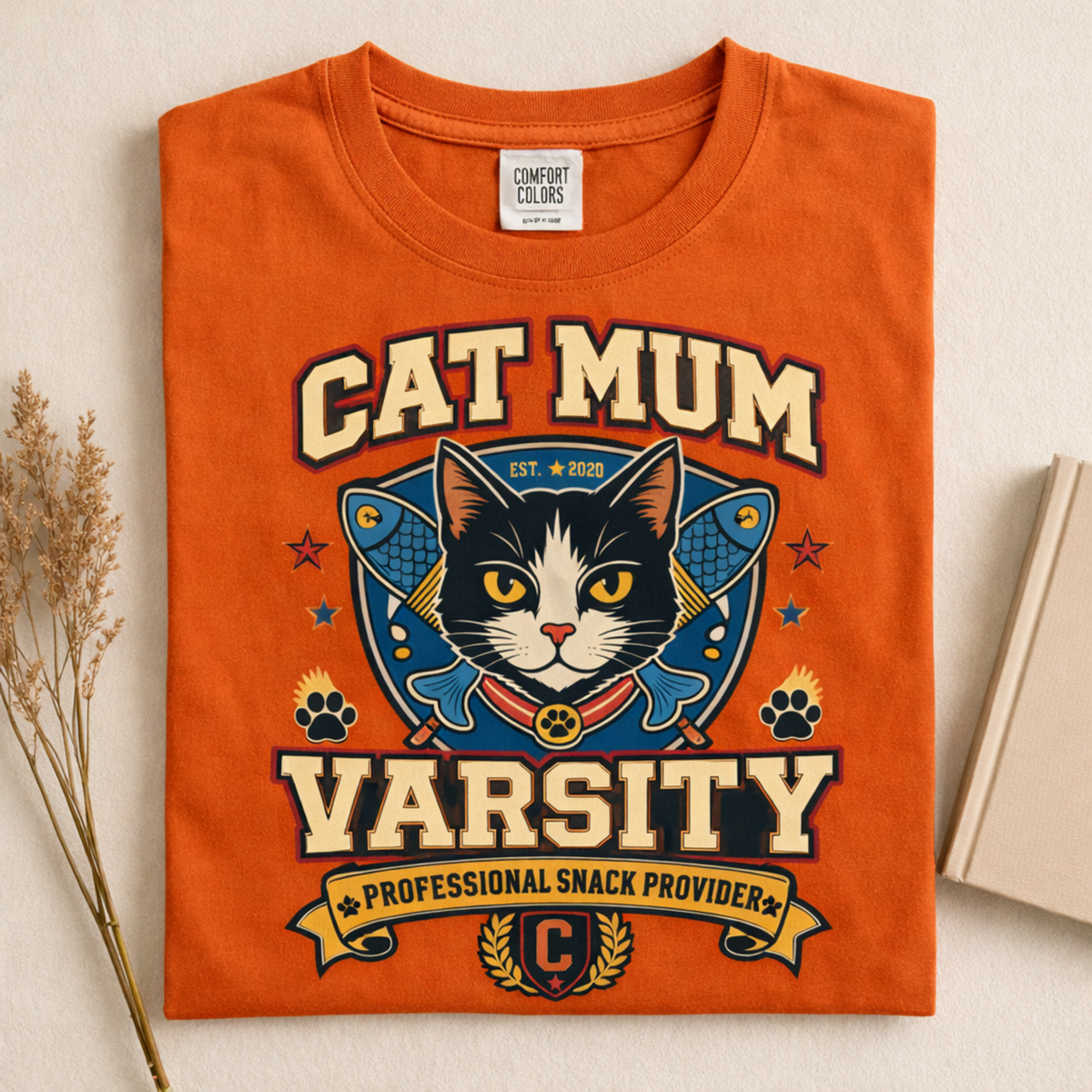 Cat Mum Varsity graphic tee in Burnt Orange, folded flat lay
