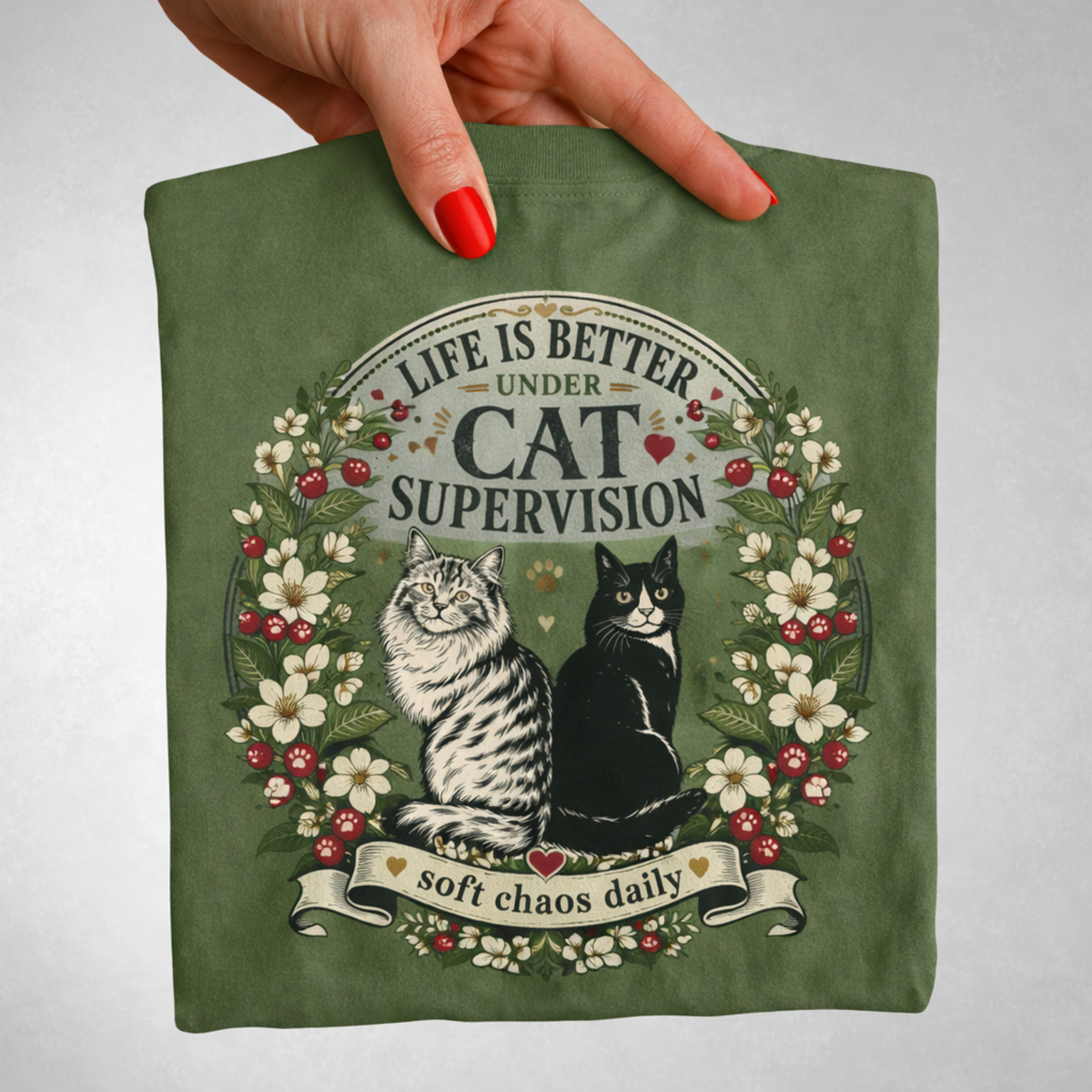 Life Is Better Under Cat Supervision graphic tee in Moss, folded flat lay