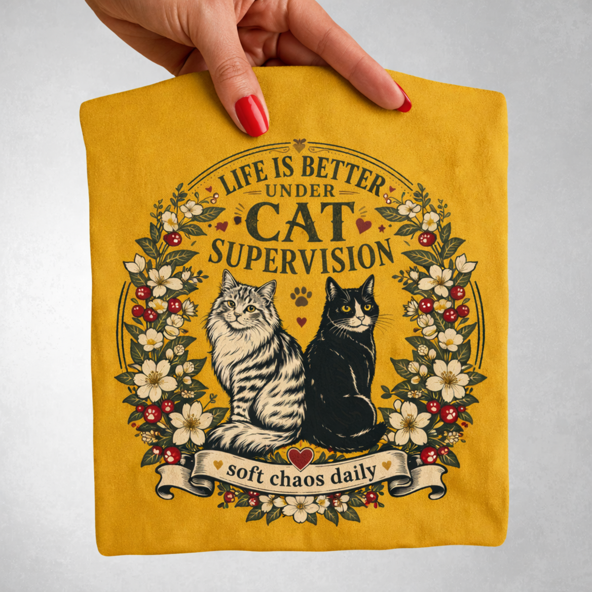 Life Is Better Under Cat Supervision graphic tee in Mustard, folded flat lay