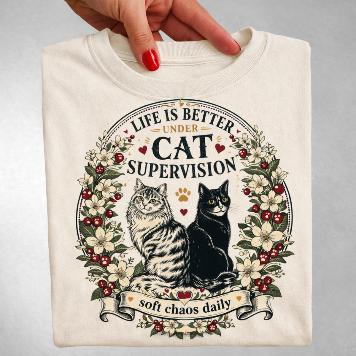 Life Is Better Under Cat Supervision graphic tee in Ivory, folded flat lay