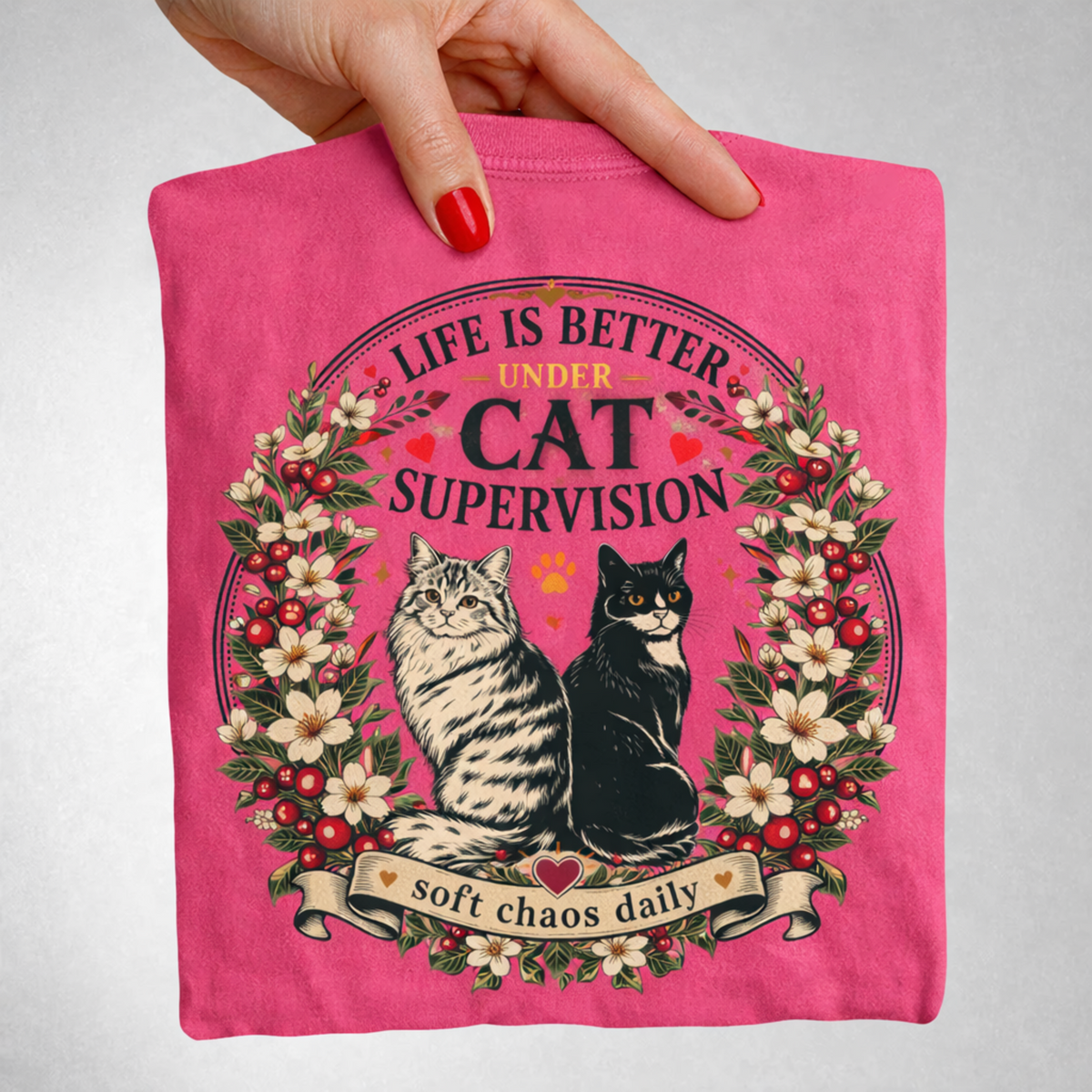 Life Is Better Under Cat Supervision graphic tee in Crunchberry, folded flat lay