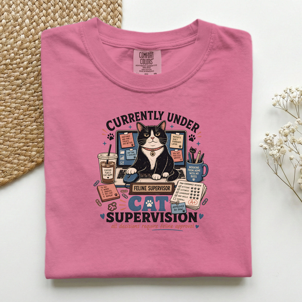 Currently Under Cat Supervision graphic tee in Crunchberry, folded flat lay
