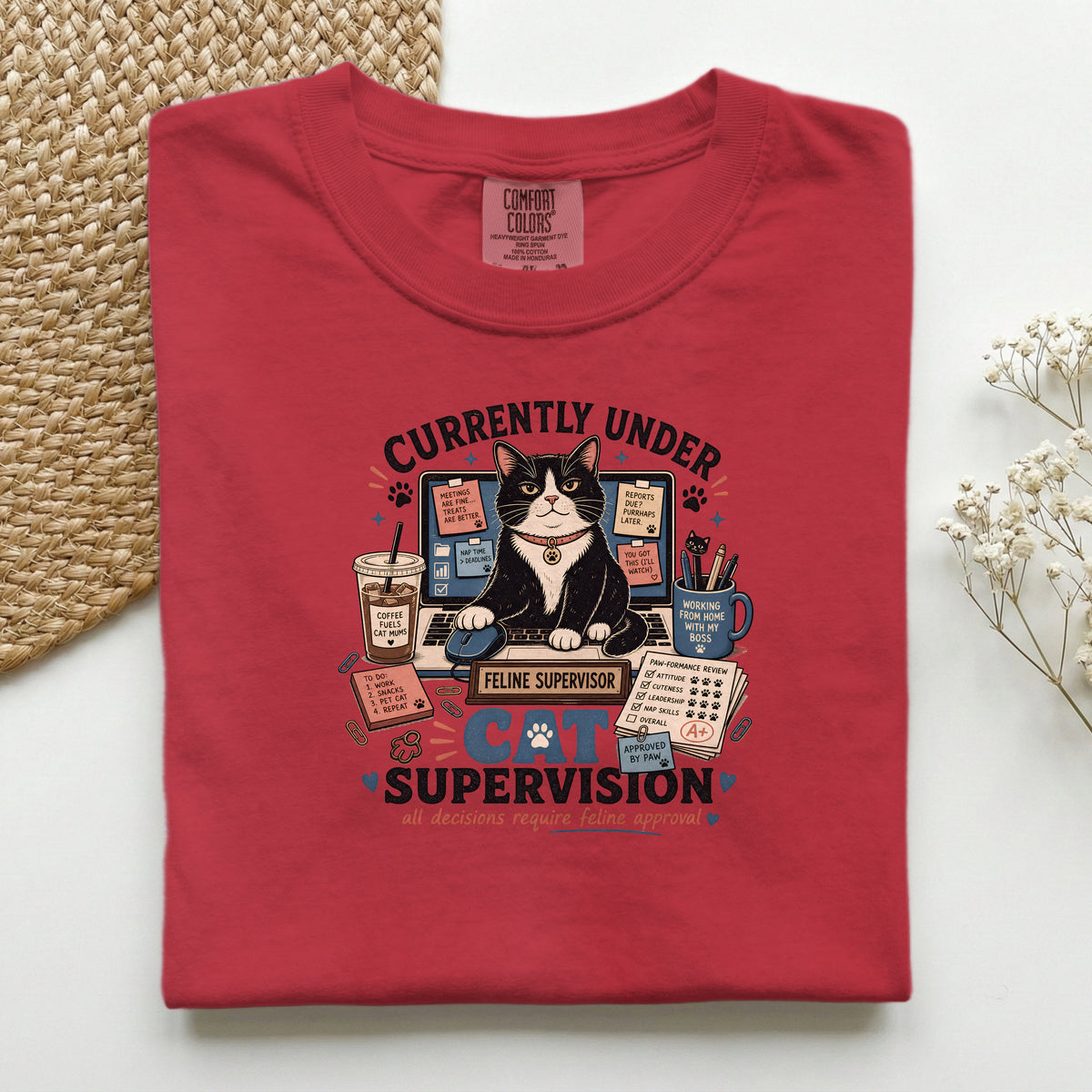 Currently Under Cat Supervision graphic tee in Red, folded flat lay