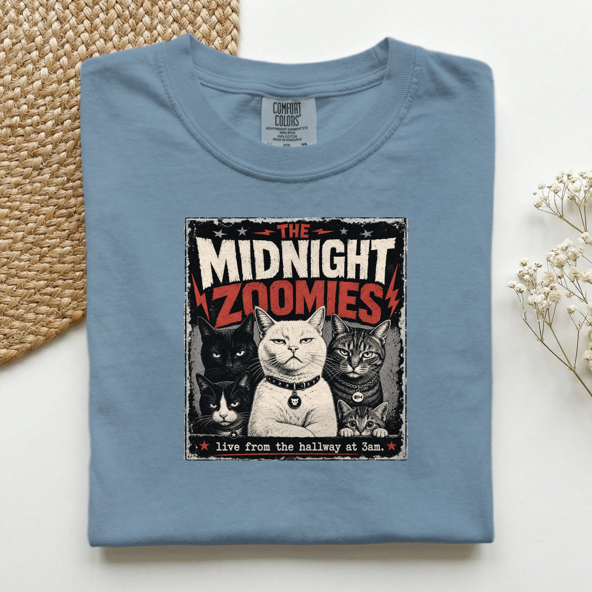 The Midnight Zoomies graphic tee in White, folded flat lay