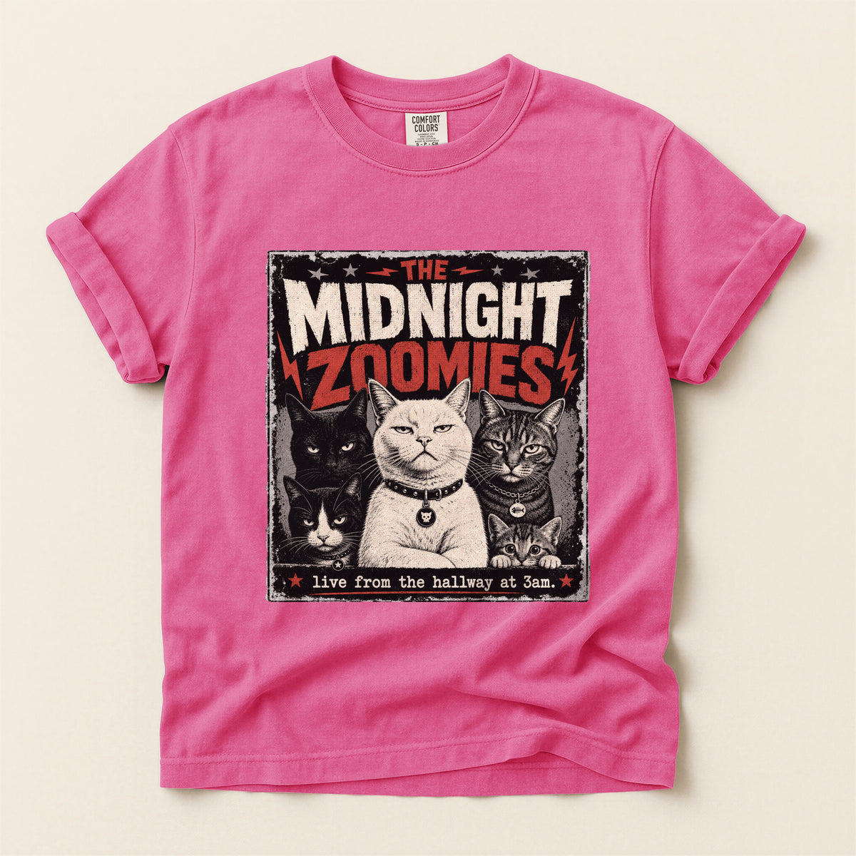 The Midnight Zoomies graphic tee in Brick, folded flat lay
