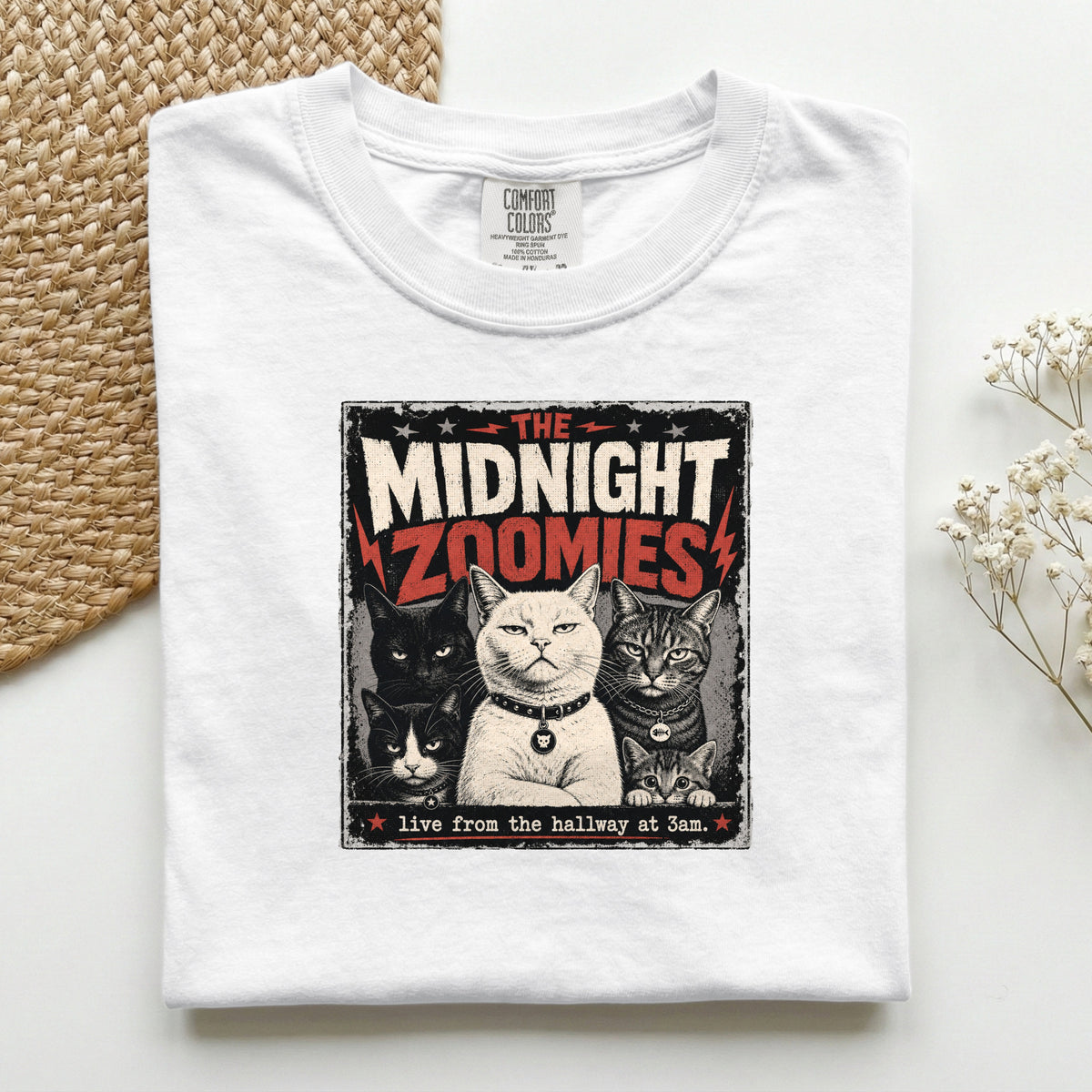 The Midnight Zoomies graphic tee in Yam, folded flat lay