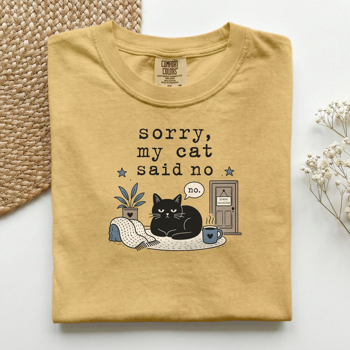 Sorry My Cat Said No graphic tee in Red, folded flat lay