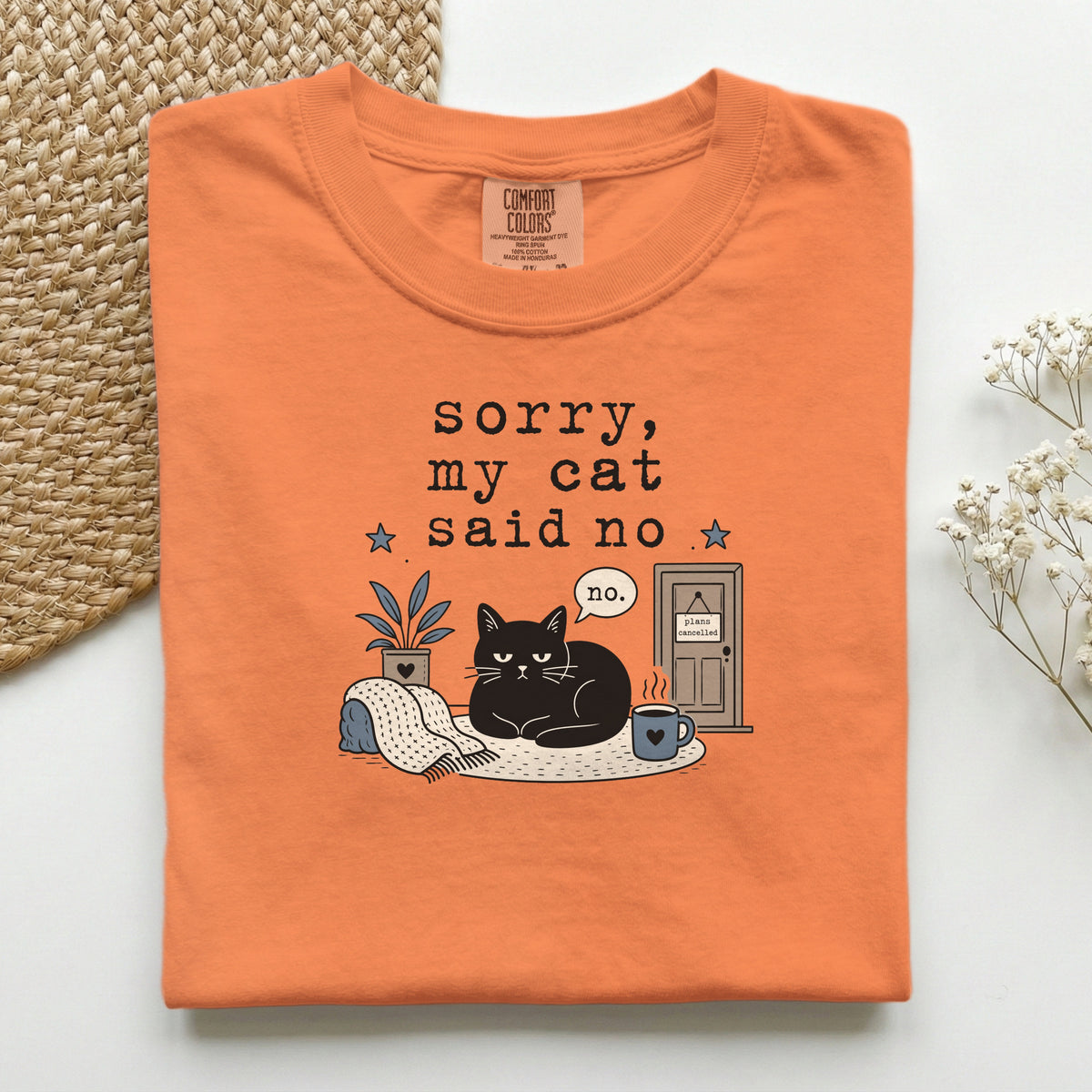 Sorry My Cat Said No graphic tee in Black, folded flat lay