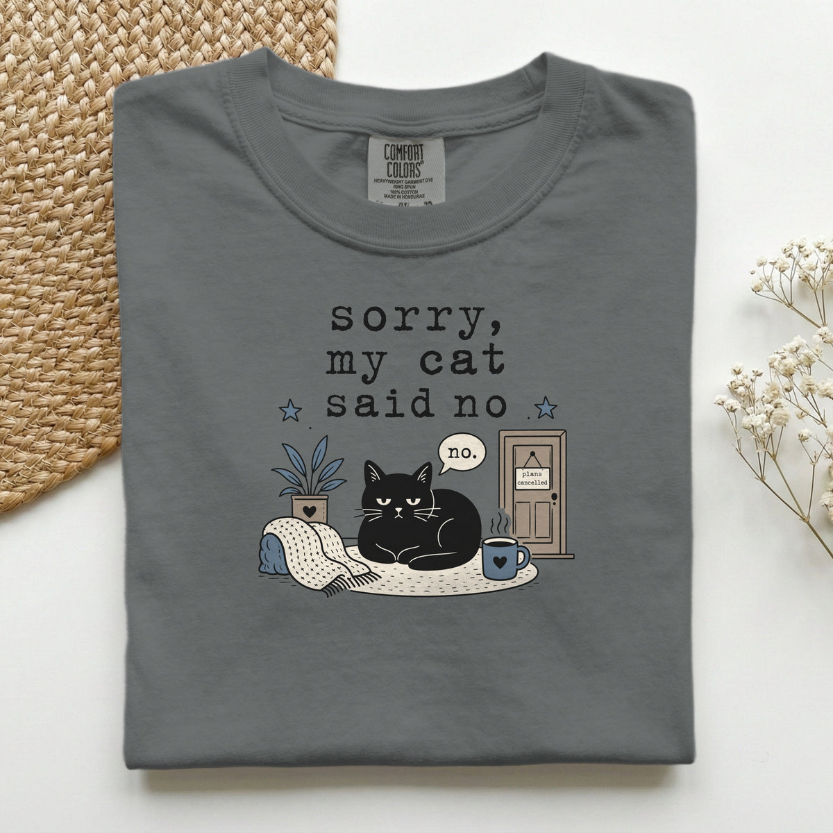 Sorry My Cat Said No graphic tee in Burnt Orange, folded flat lay