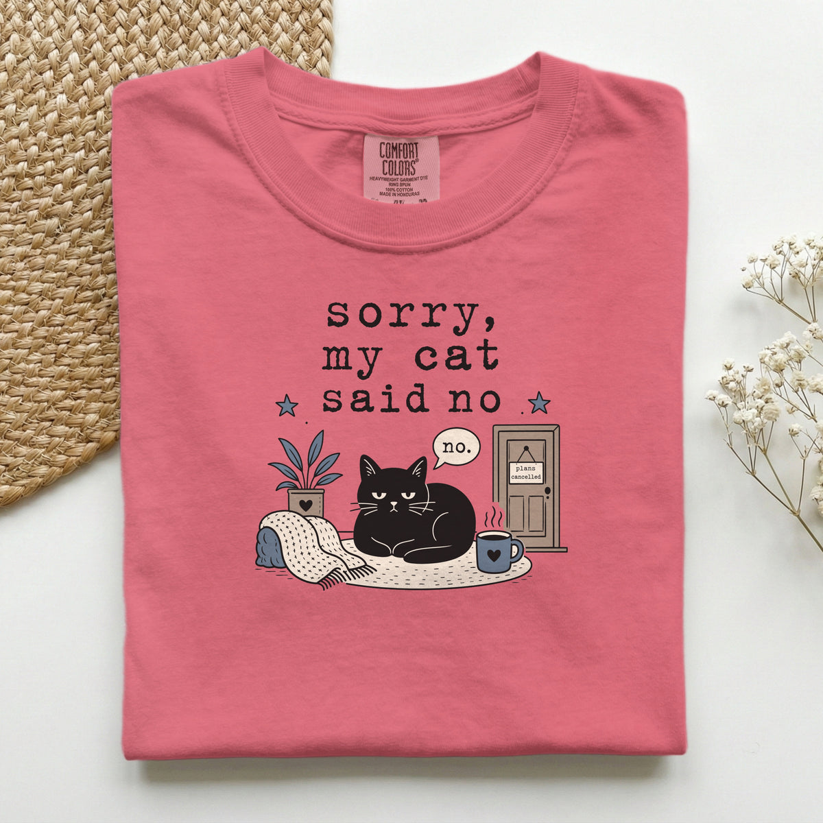 Sorry My Cat Said No graphic tee in Pepper, folded flat lay