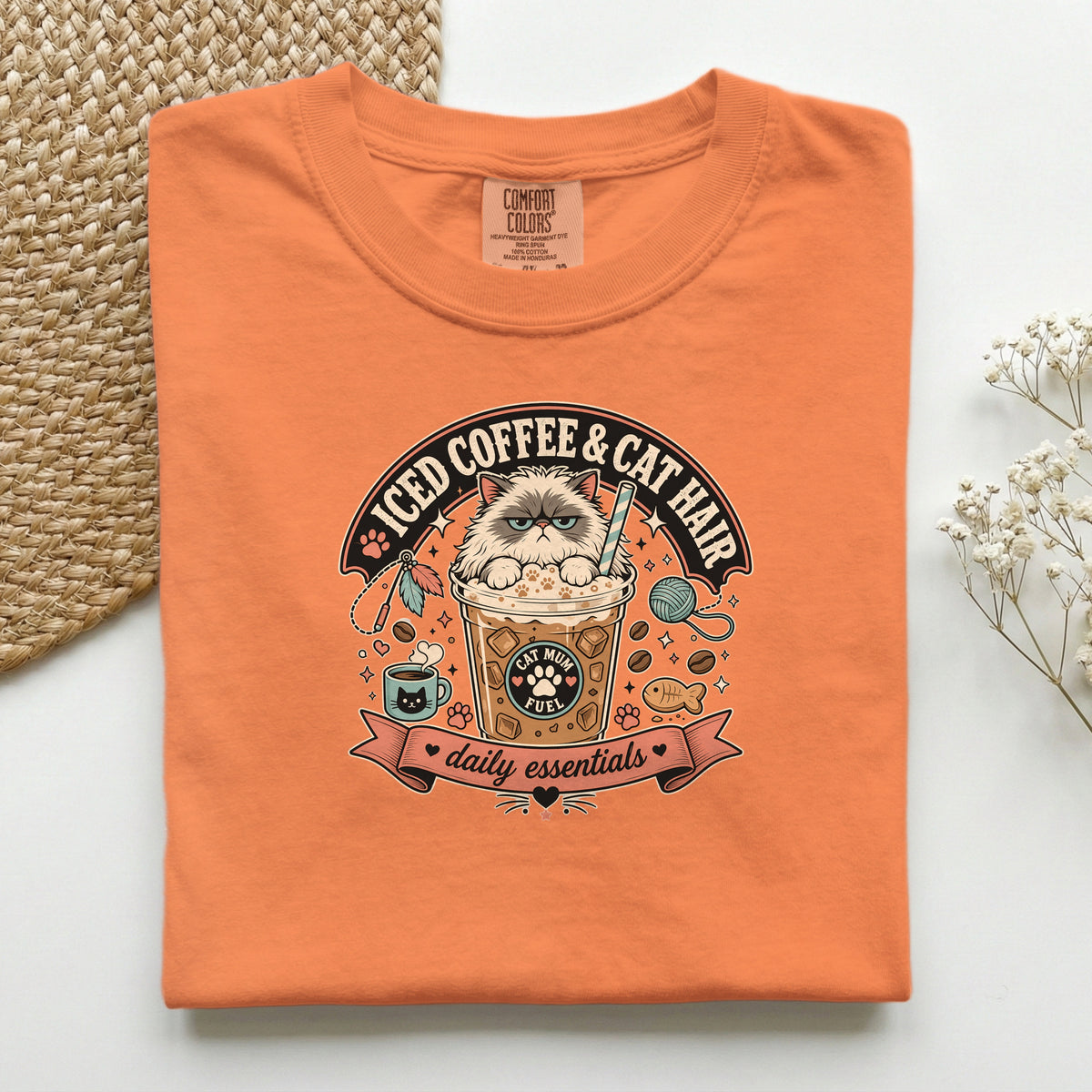 Iced Coffee & Cat Hair graphic tee in Burnt Orange, folded flat lay