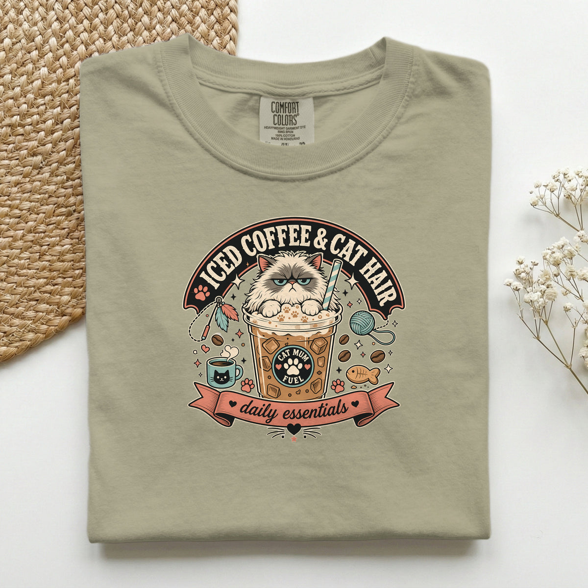 Iced Coffee & Cat Hair graphic tee in Ivory, folded flat lay