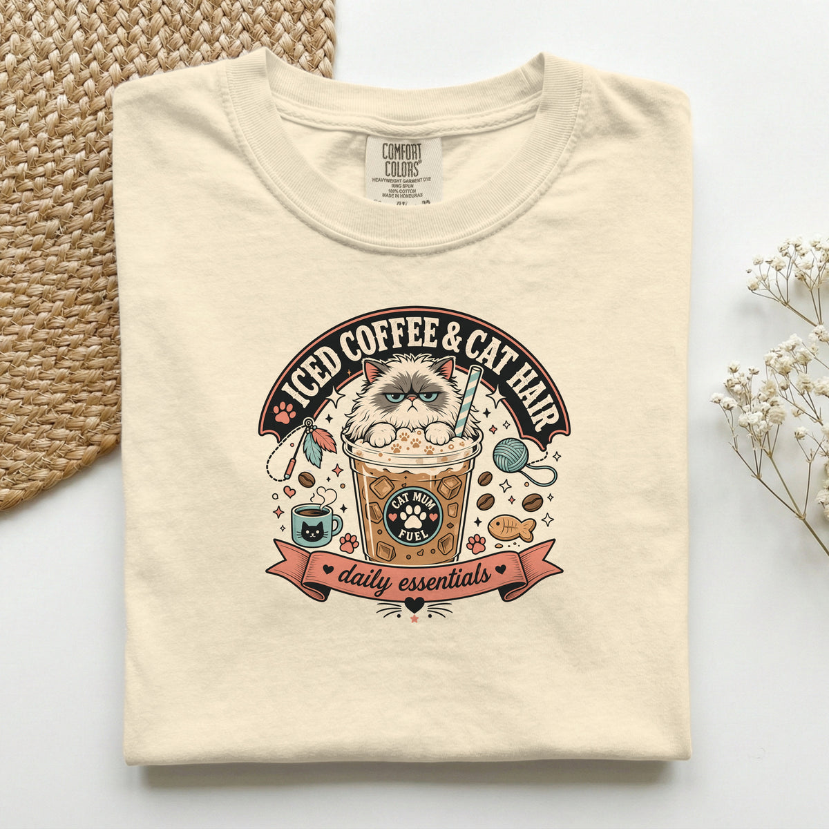 Iced Coffee & Cat Hair graphic tee in Khaki, folded flat lay