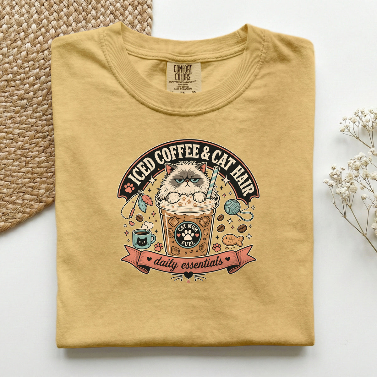 Iced Coffee & Cat Hair graphic tee in Mustard, folded flat lay
