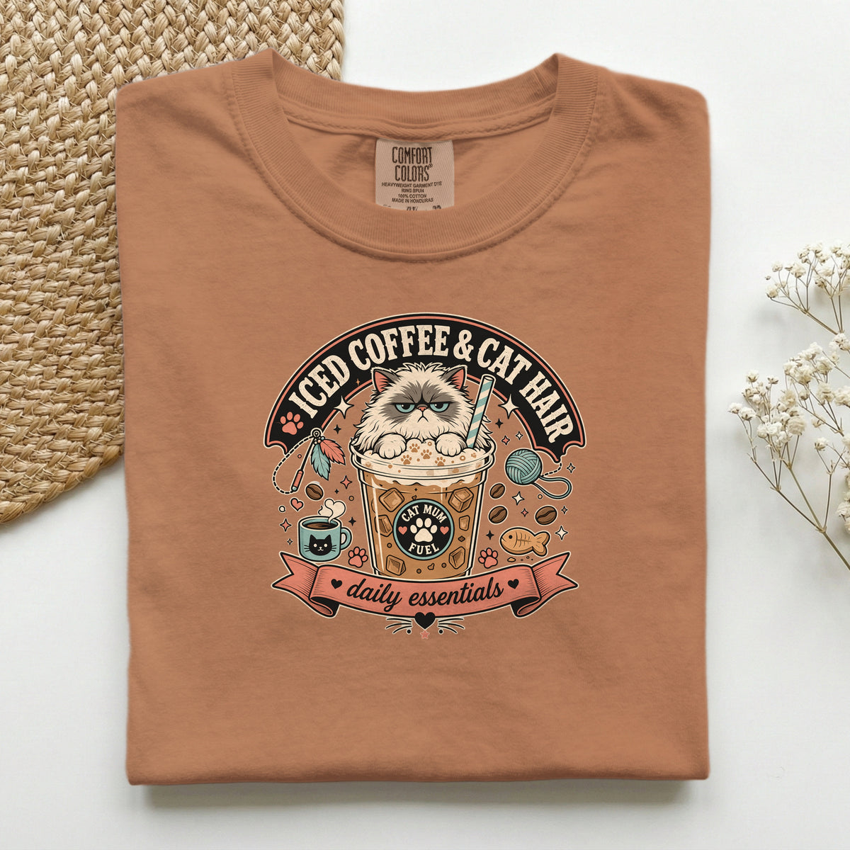 Iced Coffee & Cat Hair graphic tee in Terracotta, folded flat lay