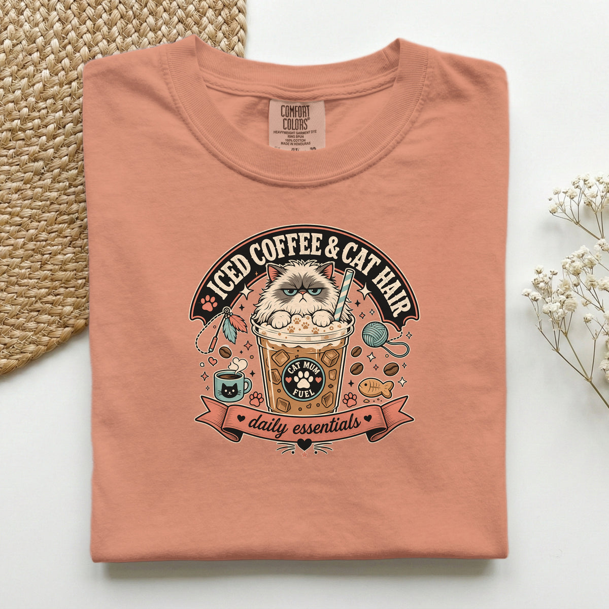 Iced Coffee & Cat Hair graphic tee in Yam, folded flat lay