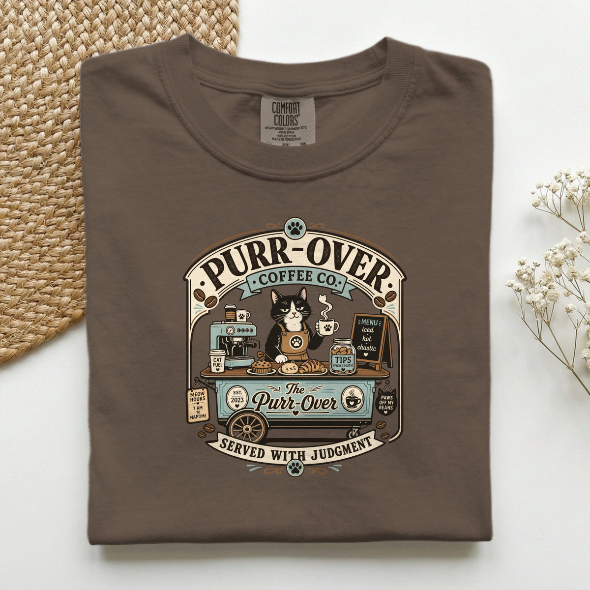 Purr-Over Coffee Co. graphic tee in Butter, folded flat lay