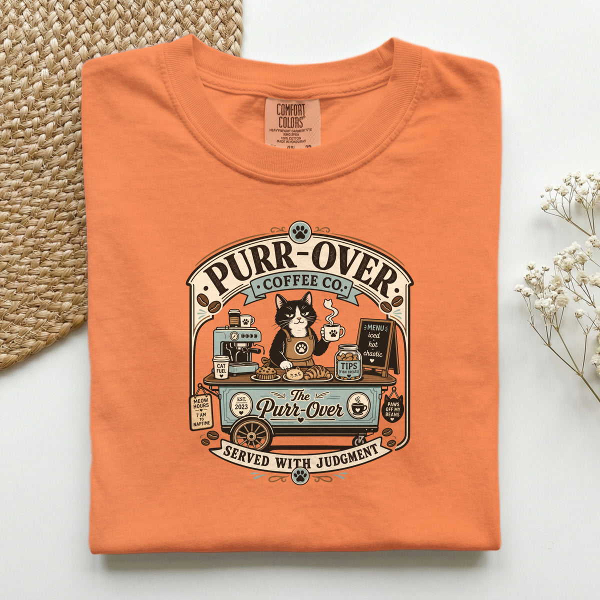Purr-Over Coffee Co. graphic tee in Hemp, folded flat lay