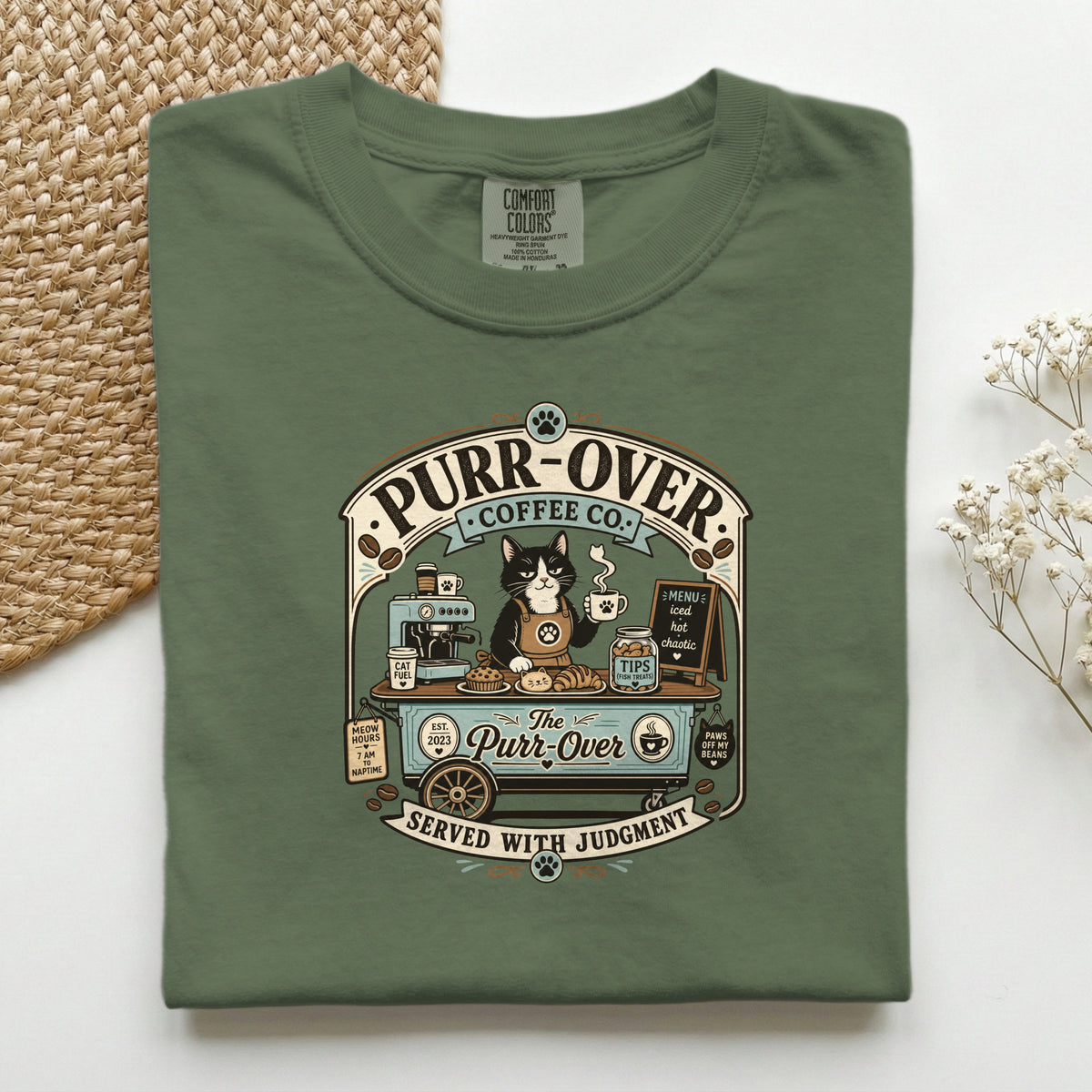 Purr-Over Coffee Co. graphic tee in Ivory, folded flat lay