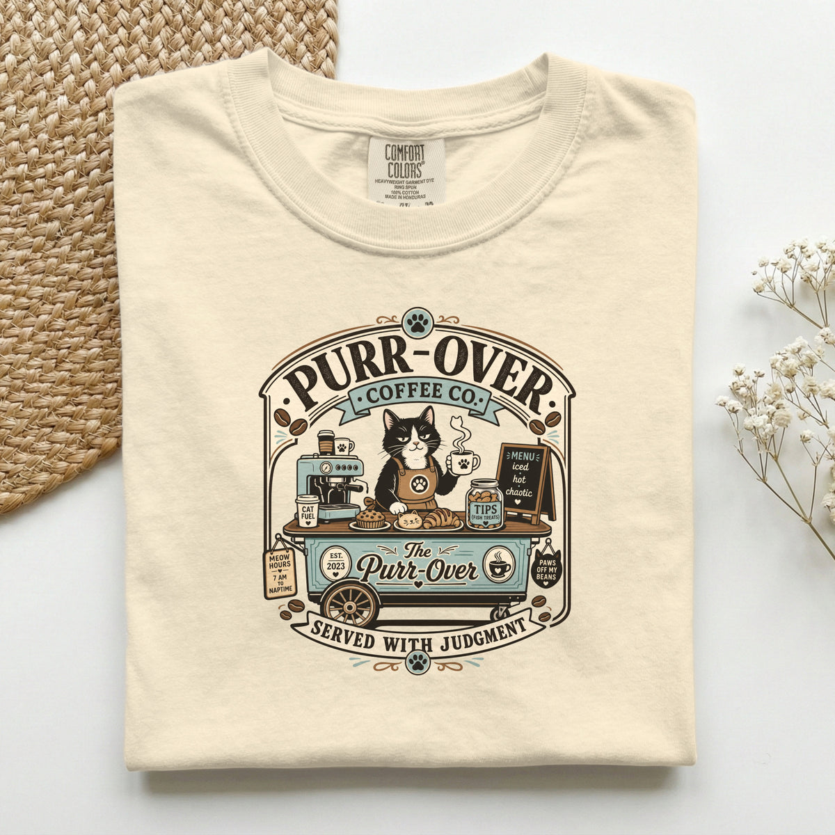 Purr-Over Coffee Co. graphic tee in Pepper, folded flat lay